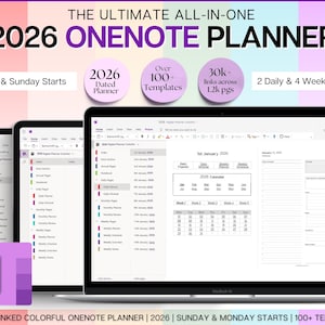 Pode incluir: Um planejador digital exibido em um laptop e dois tablets. A tela mostra um layout de calendário com o texto "2026 OneNote Planner". A imagem inclui o texto "Segunda e domingo começam", "Mais de 100+ modelos" e "2 layouts diários e 4 semanais."