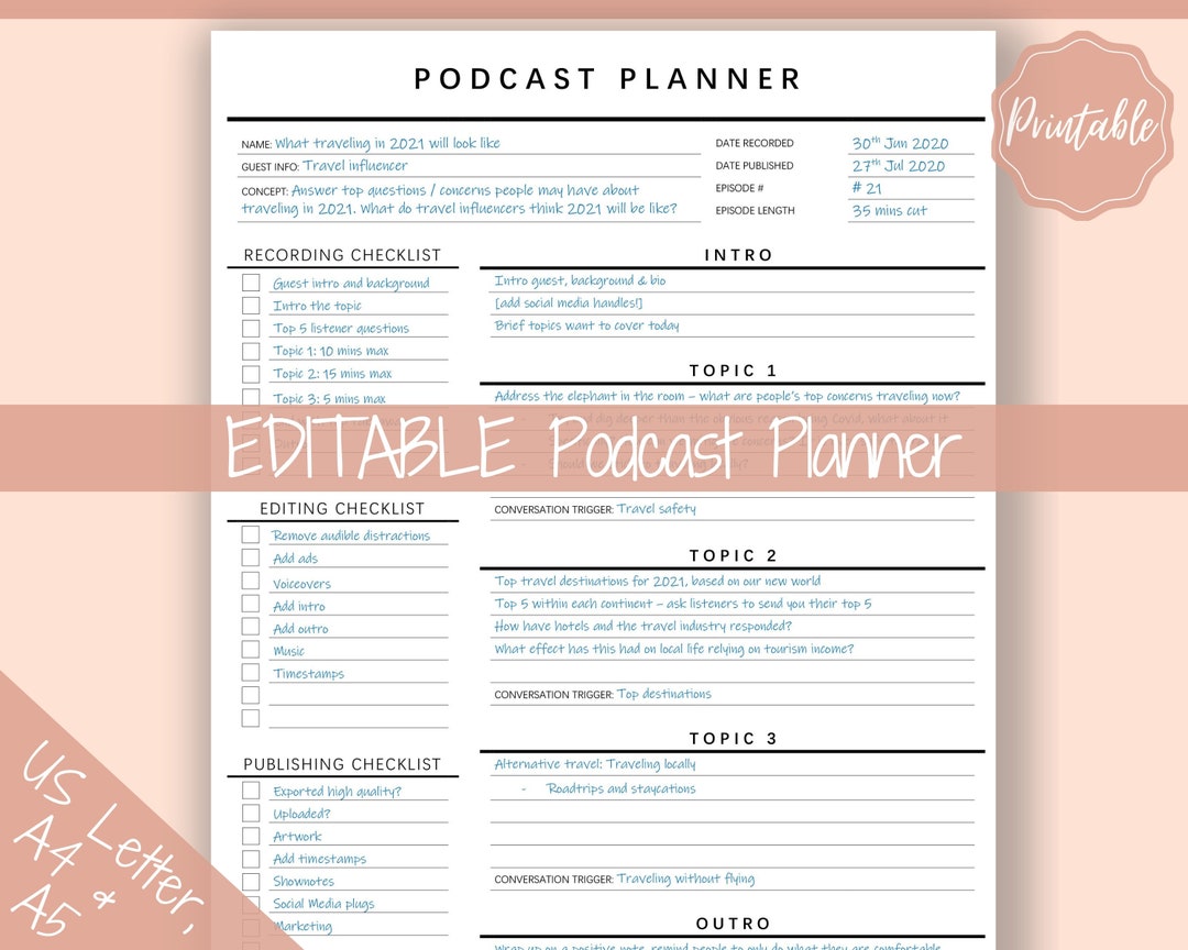 Podcast Planner, EDITABLE Podcast Template Content Calendar, Podcast Podcast Planner, EDITABLE Podcast Template Content Calendar, Podcast