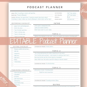 Podcast Planner, EDITABLE Podcast Template Content Calendar, Podcast Checklist, Logo, Printable Pod Cast Script Plan Worksheet & Tracker