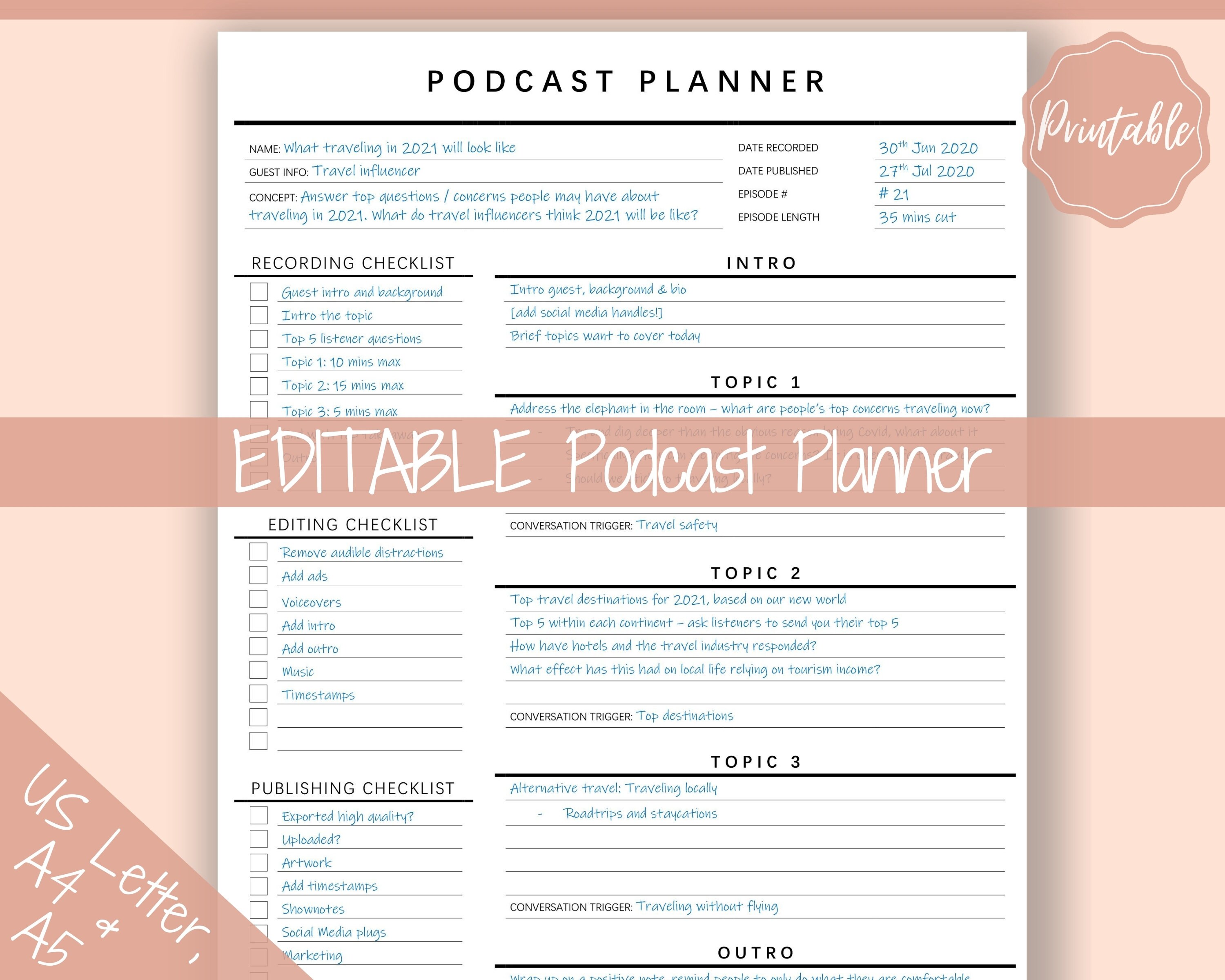 Podcast Planner EDITABLE Podcast Template Content Calendar - Etsy Podcast Planner EDITABLE Podcast Template Content Calendar - Etsy