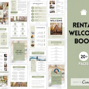 May include: A digital Rental Welcome Book template with a green and white design. The book includes sections on house rules, emergency contacts, local tips, and a welcome message. The book has over 20 pages and is made in Canva.