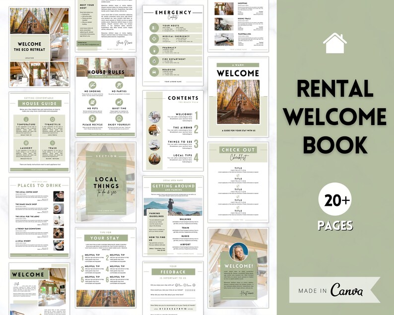 May include: A digital Rental Welcome Book template with a green and white design. The book includes sections on house rules, emergency contacts, local tips, and a welcome message. The book has over 20 pages and is made in Canva.