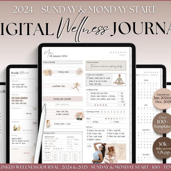 Digital Wellness Journal, 2024 - 2025 Digital Fitness planner, Self Care Journal, iPad Planner, GoodNotes Planner, Health, Digital Journal