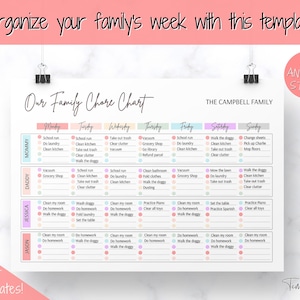 Tableau de corvée familiale coloré, planificateur familial modifiable imprimable, horaire familial hebdomadaire, calendrier familial, centre de commande, ménage enfant adulte image 5