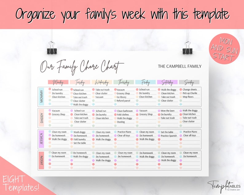 Tableau de corvée familiale coloré, planificateur familial modifiable imprimable, horaire familial hebdomadaire, calendrier familial, centre de commande, ménage enfant adulte image 5