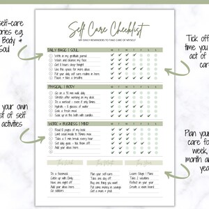 May include: A green and white printable self-care checklist with a daily, weekly, monthly, and yearly plan. The checklist includes categories for daily basic, physical, work, and business. The checklist has checkboxes for each day of the week.