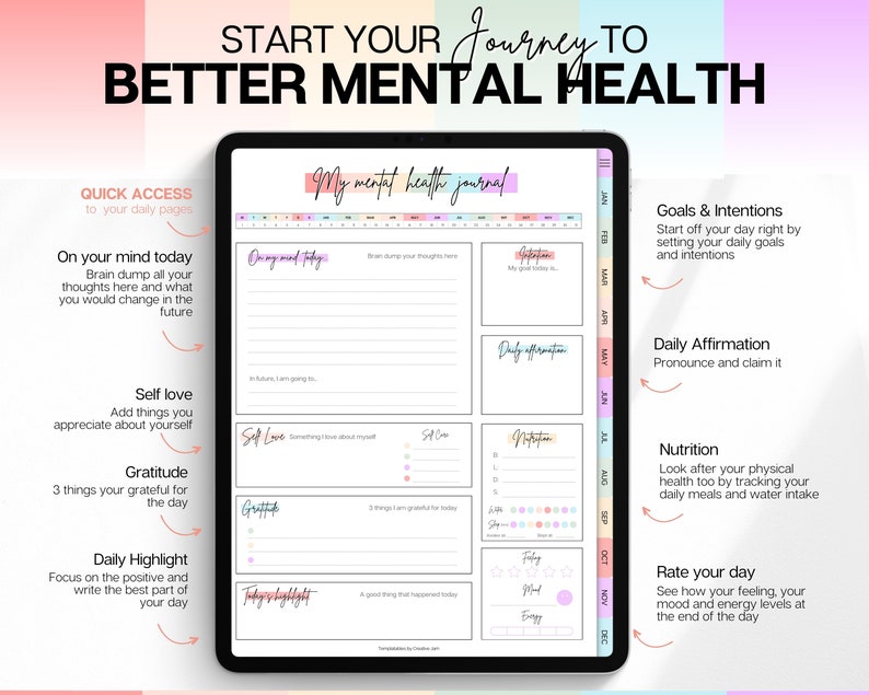 May include: A digital planner on a tablet screen with a pink, blue, and yellow gradient background. The planner is titled "My mental health journal" and includes sections for daily affirmations, goals and intentions, self-love, gratitude, daily highlights, nutrition, and rating your day.