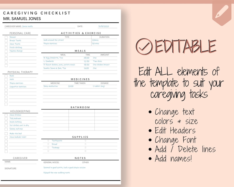 Caregiving Elderly Care Checklist. EDITABLE Printable is ideal for Caregivers. Daily cleaning, Daily Tasks, Housekeeping, Care log Template image 3