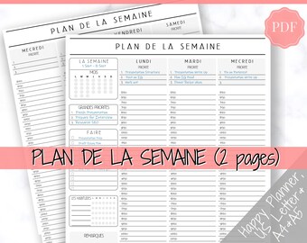 FRENCH Weekly Planner Printable, Français, Hourly Planner, Plan de la Semaine, Week on 2 pages, Weekly Schedule, Undated Planner, To Do List