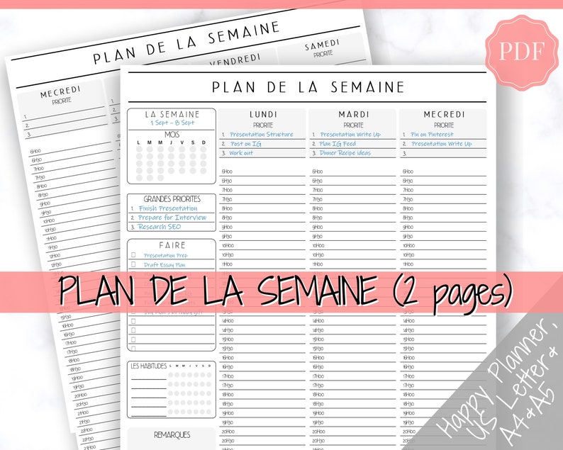 FRENCH Weekly Planner Printable Français Hourly Planner Etsy