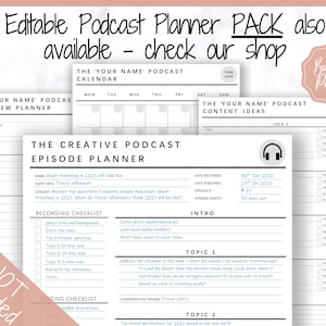 May include: A printable podcast planner pack with a black and white design. The pack includes a calendar, interview planner, episode planner, and content ideas planner. The text "Bundle Pack!" is in a pink circle.