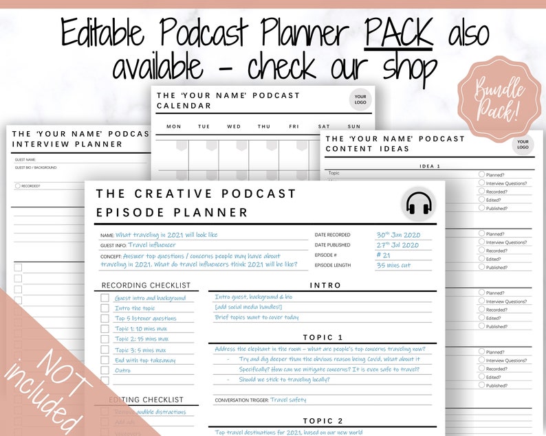 May include: A printable podcast planner pack with a black and white design. The pack includes a calendar, interview planner, episode planner, and content ideas planner. The text "Bundle Pack!" is in a pink circle.