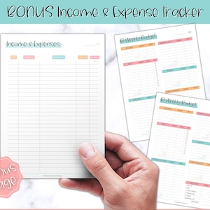 May include: Printable budget tracker with a pink, blue, and orange color scheme. The tracker includes sections for income, expenses, and a bi-weekly budget.