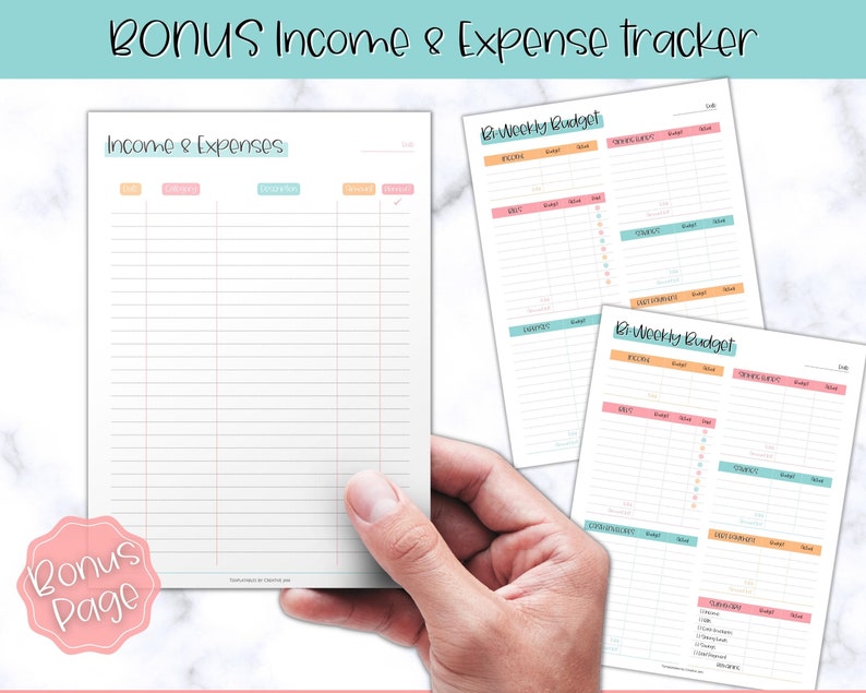 May include: Printable budget tracker with a pink, blue, and orange color scheme. The tracker includes sections for income, expenses, and a bi-weekly budget.