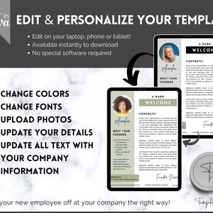 Peut inclure: Un mod&egrave;le num&eacute;rique pour accueillir les nouveaux employ&eacute;s dans une entreprise. Le mod&egrave;le comprend un message de bienvenue chaleureux, une section pour pr&eacute;senter le fondateur de l'entreprise et un espace pour personnaliser avec les d&eacute;tails de l'entreprise. Le mod&egrave;le est modifiable et peut &ecirc;tre personnalis&eacute; avec diff&eacute;rentes couleurs, polices et photos.
