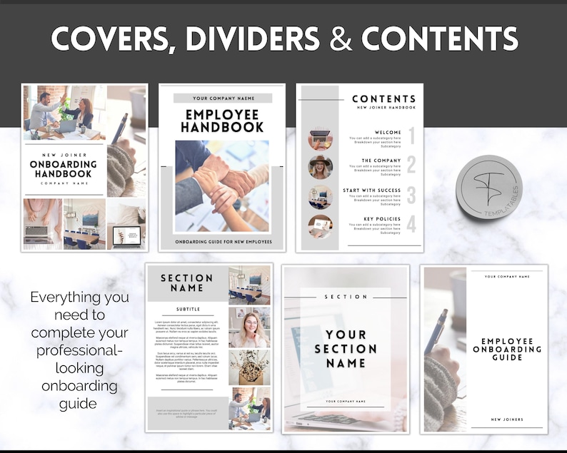 Peut inclure: Un ensemble de mod&egrave;les imprimables pour un manuel d'int&eacute;gration des employ&eacute;s. Les mod&egrave;les pr&eacute;sentent un sch&eacute;ma de couleurs gris et blanc avec un design moderne. Le texte sur les mod&egrave;les comprend "Manuel de l'employ&eacute;", "Guide d'int&eacute;gration", "Contenu", "Bienvenue", "L'entreprise", "Commencer avec succ&egrave;s", "Politiques cl&eacute;s", "Nom de la section" et "Nom de votre entreprise".