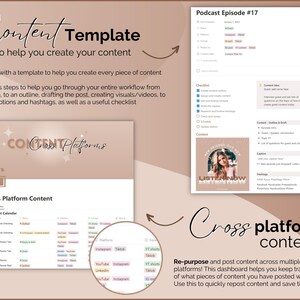 May include: A pink and brown graphic with the text "Content Template" and "To help you create your content". The graphic also includes a checklist and a calendar for scheduling content across multiple platforms, such as Instagram, TikTok, YouTube, and LinkedIn. The text "Cross Platform Content" is also included.