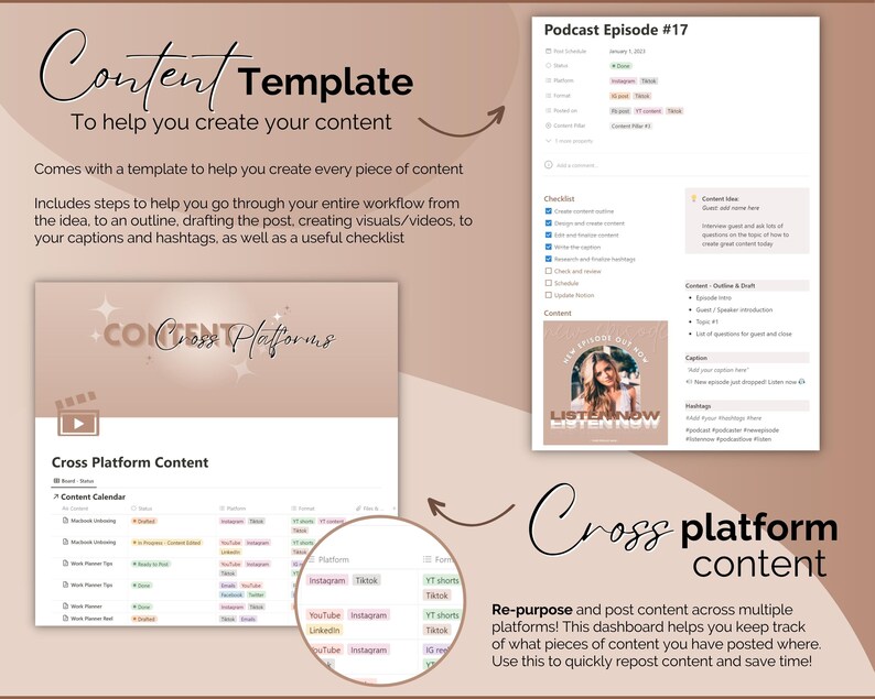May include: A pink and brown graphic with the text "Content Template" and "To help you create your content". The graphic also includes a checklist and a calendar for scheduling content across multiple platforms, such as Instagram, TikTok, YouTube, and LinkedIn. The text "Cross Platform Content" is also included.