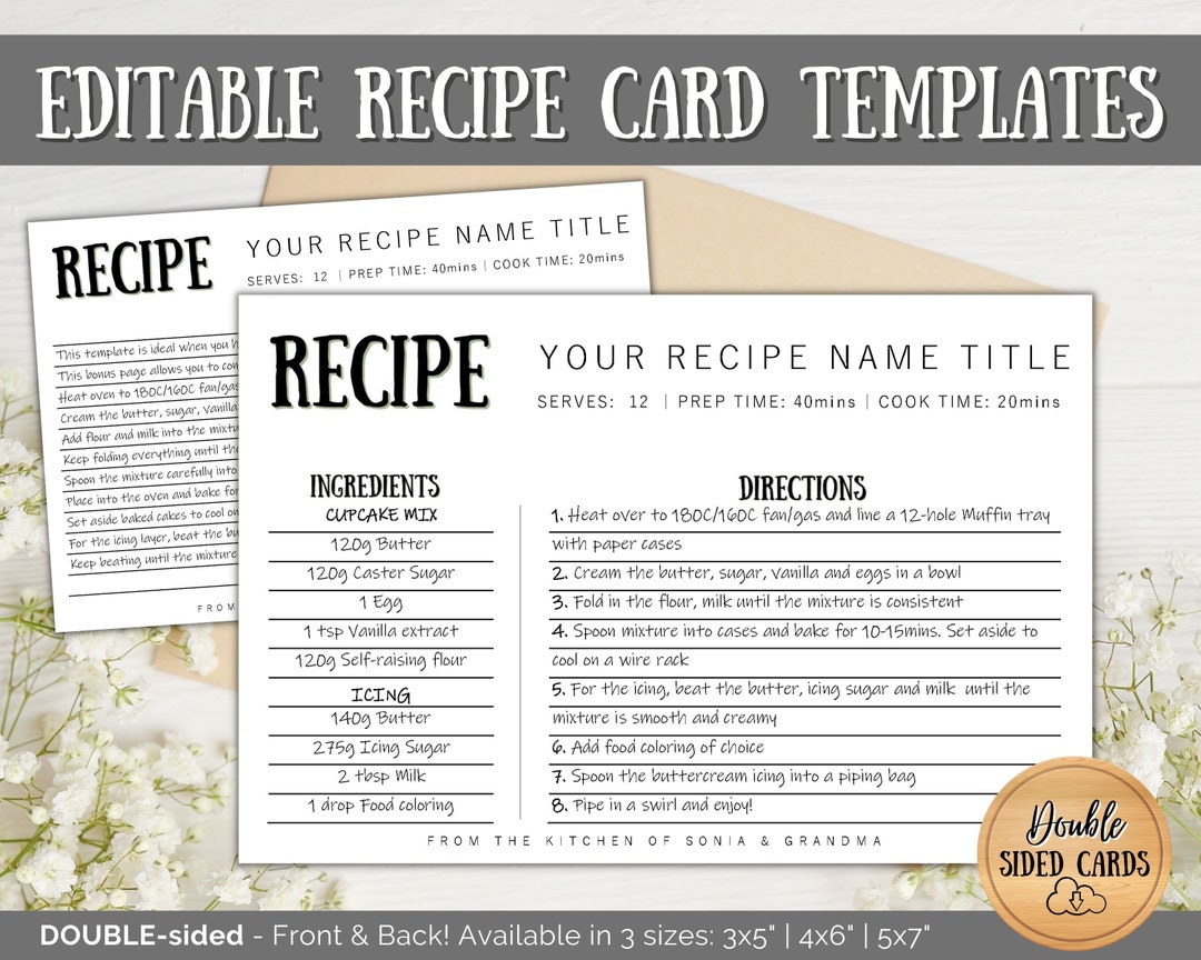 EDITABLE Recipe Card Template, Recipe Template, Recipe Cards Printable