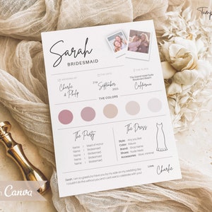 Cartão de informações EDITÁVEL da dama de honra, cartão de informações da dama de honra com FOTO, informações do casamento, infográfico do casamento, Canva, detalhes e itinerário do casamento
