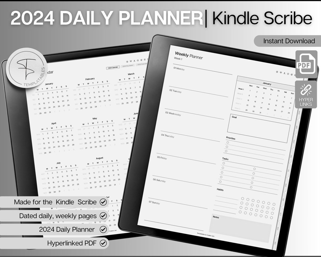 Kindle Scribe Templates, 2024 DAILY Planner, Kindle Scribe, Hyperlinked