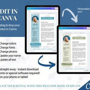 May include: Two tablets displaying a welcome book template. The template features a photo, text, and a welcoming message. Text on the image includes "Edit in Canva", "Just drag & drop your photos in Canva", and "Elevate your rental with this welcome book template".