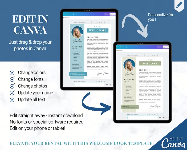May include: Two tablets displaying a welcome book template. The template features a photo, text, and a welcoming message. Text on the image includes "Edit in Canva", "Just drag & drop your photos in Canva", and "Elevate your rental with this welcome book template".