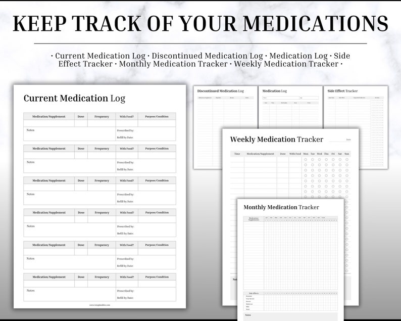 K&ouml;nnte beinhalten: Ein druckbarer Medikamenten-Logbuch und -Tracker mit Abschnitten f&uuml;r aktuelle Medikamente, abgesetzte Medikamente, Nebenwirkungen, w&ouml;chentliche Verfolgung und monatliche Verfolgung. Der Ausdruck ist schwarzwei&szlig; und hat einen Marmorhintergrund.
