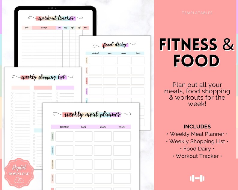 May include: Printable digital planner set for fitness and food tracking. Includes a weekly meal planner, weekly shopping list, food diary, and workout tracker. The pages are decorated with pastel colours and handwritten text.