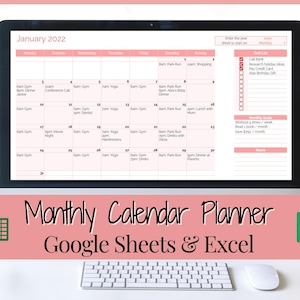 May include: A pink and white monthly calendar planner template for January 2022 displayed on a computer screen. The calendar is designed for use with Google Sheets and Excel. The calendar includes a task list and monthly goals section.