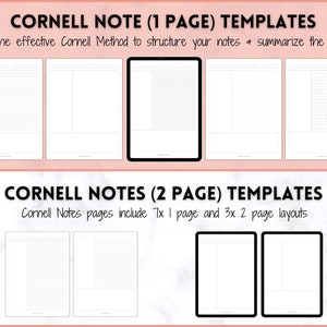 Puede incluir: Un conjunto de plantillas de notas Cornell imprimibles para organizar notas y resumir temas. Las plantillas incluyen dise&ntilde;os de una p&aacute;gina y dos p&aacute;ginas.