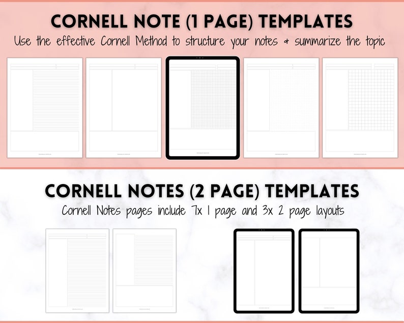Puede incluir: Un conjunto de plantillas de notas Cornell imprimibles para organizar notas y resumir temas. Las plantillas incluyen dise&ntilde;os de una p&aacute;gina y dos p&aacute;ginas.