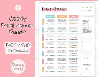 Colorful Meal Planner Printable, Weekly Food Diary, Meal Tracker, Food Journal, Menu Plan & Prep, Grocery List! Diet, Fitness, Health, Pink