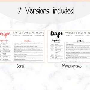 May include: Two printable recipe cards for vanilla cupcakes. The recipe cards are in a coral and monochrome color scheme. The recipe cards include the ingredients and directions for making vanilla cupcakes. The recipe cards are from the kitchen of Grandma & Sonia.