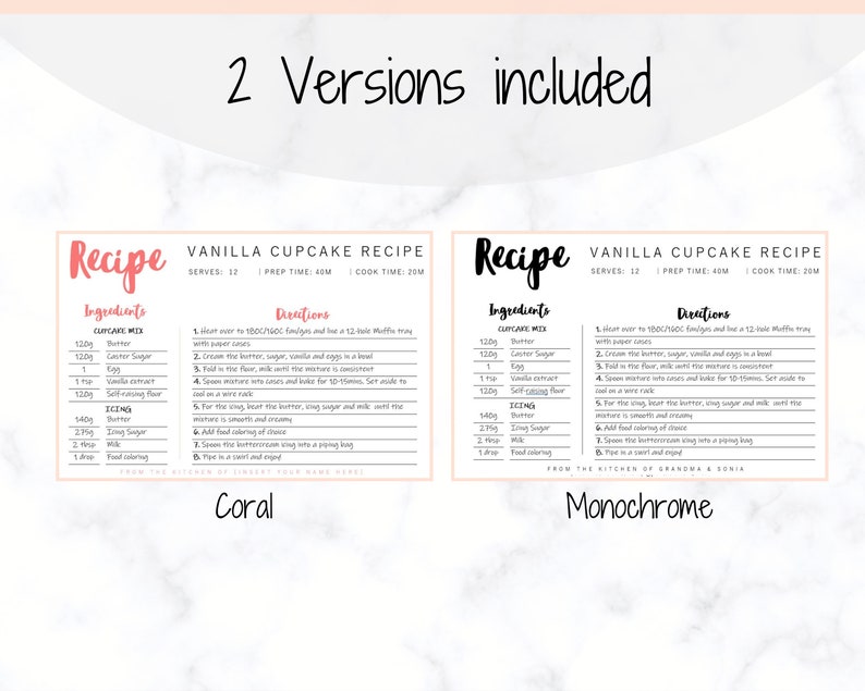 May include: Two printable recipe cards for vanilla cupcakes. The recipe cards are in a coral and monochrome color scheme. The recipe cards include the ingredients and directions for making vanilla cupcakes. The recipe cards are from the kitchen of Grandma & Sonia.