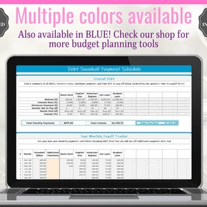 May include: A laptop computer screen displaying a debt snowball payment schedule spreadsheet. The spreadsheet includes columns for balance, interest rate, minimum payment, months to pay off, and month paid off. The spreadsheet also includes a section for tracking monthly payments. The spreadsheet is titled "Debt Snowball Payment Schedule".