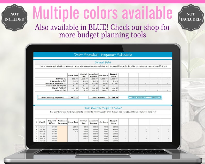 May include: A laptop computer screen displaying a debt snowball payment schedule spreadsheet. The spreadsheet includes columns for balance, interest rate, minimum payment, months to pay off, and month paid off. The spreadsheet also includes a section for tracking monthly payments. The spreadsheet is titled "Debt Snowball Payment Schedule".