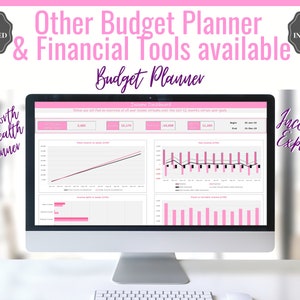 May include: A computer screen displaying a pink and black budget planner spreadsheet with graphs and charts. The text "Income Dashboard" is at the top of the screen. The text "Other Budget Planner & Financial Tools available" is at the top of the image. The text "Budget Planner" is in the middle of the image. The text "Net Worth & Wealth Planner" is on the left side of the image. The text "Income & Expenses" is on the right side of the image.
