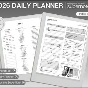 May include: A digital 2026 daily planner designed for the Supernote, displayed on a tablet. The planner features sections for annual pages, monthly reviews, and goal planning. The image includes the text "Hyperlinked PDF" and "Instant Download."