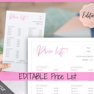 PRICE LIST Template Editable. Printable Price Sheet, Price Guide, Hair Salon, Hairdresser, Beauty, Pink Pricing Design, Custom Menu, Pricing