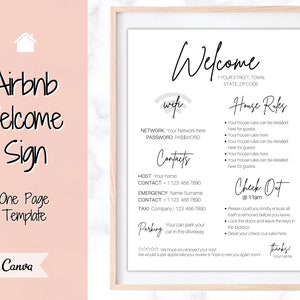 1-stronicowy szablon plakatu powitalnego Airbnb, znak hasła Wi-Fi do wydrukowania, książka powitalna, zasady domu, gospodarz, wynajem wakacyjny, instrukcja wymeldowania