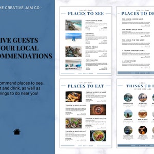 May include: A blue and white informational print with the text "GIVE GUESTS YOUR LOCAL RECOMMENDATIONS". The print recommends places to see, eat, drink, and things to do. Includes images of food, drinks, and local attractions.
