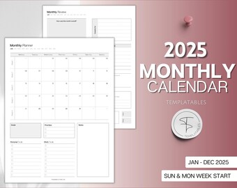 Páginas de planificación mensual 2025, calendario mensual imprimible con fecha 2025, resumen mensual, lista de tareas pendientes mensuales, resumen mensual, planificador 2025