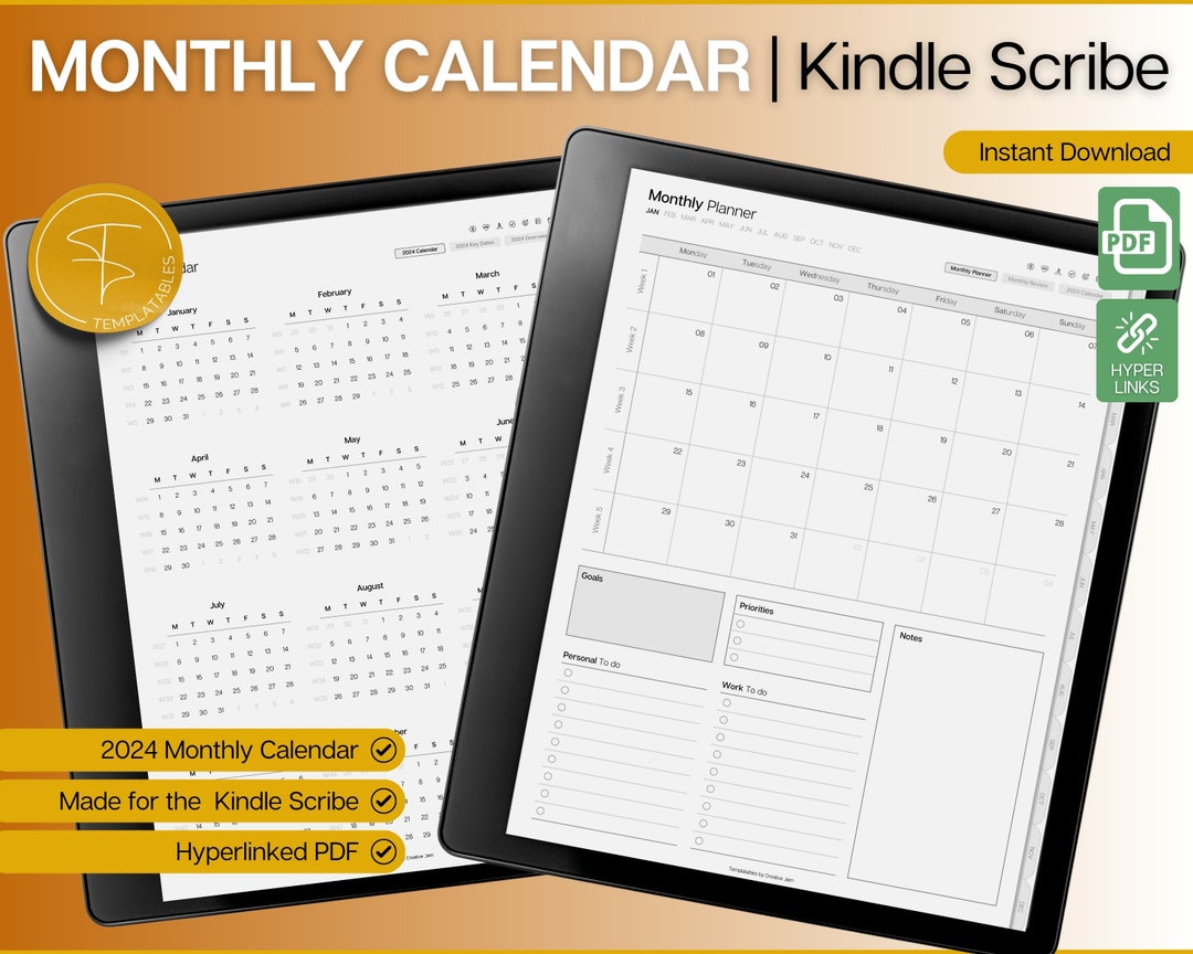 Kindle Scribe Templates, 2024 Monthly Calendar, Hyperlinked Digital