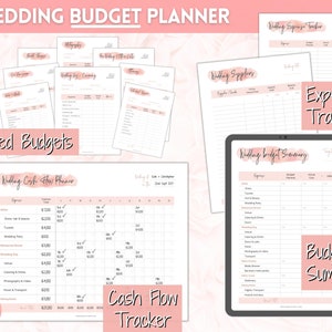 May include: A printable wedding budget planner with pink floral accents. The planner includes sections for detailed budgets, cash flow tracking, expense trackers, and a budget summary. The planner is designed to help couples plan and track their wedding expenses.