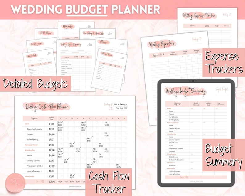 May include: A printable wedding budget planner with pink floral accents. The planner includes sections for detailed budgets, cash flow tracking, expense trackers, and a budget summary. The planner is designed to help couples plan and track their wedding expenses.