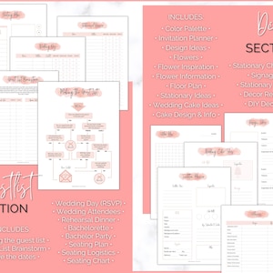 May include: A printable wedding planning checklist with sections for guest list, seating plan, wedding day RSVP, decor, and wedding cake design. The checklist includes a flowchart for making the guest list, a seating chart, and a wedding cake design template.