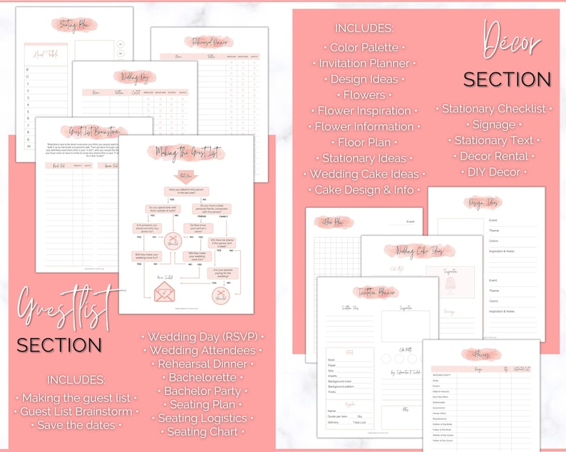 May include: A printable wedding planning checklist with sections for guest list, seating plan, wedding day RSVP, decor, and wedding cake design. The checklist includes a flowchart for making the guest list, a seating chart, and a wedding cake design template.