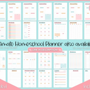 May include: A collection of printable homeschool planner pages in pastel colors. The pages include charts, schedules, calendars, and goal trackers. Text on the image reads "Ultimate Homeschool Planner also available!" and "Link in description!"