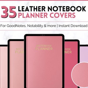 May include: A set of 35 digital planner covers for GoodNotes and Notability apps. The covers are pink and have a leather texture. The text "NOTEBOOK PLANNER" is displayed on the cover in the center.